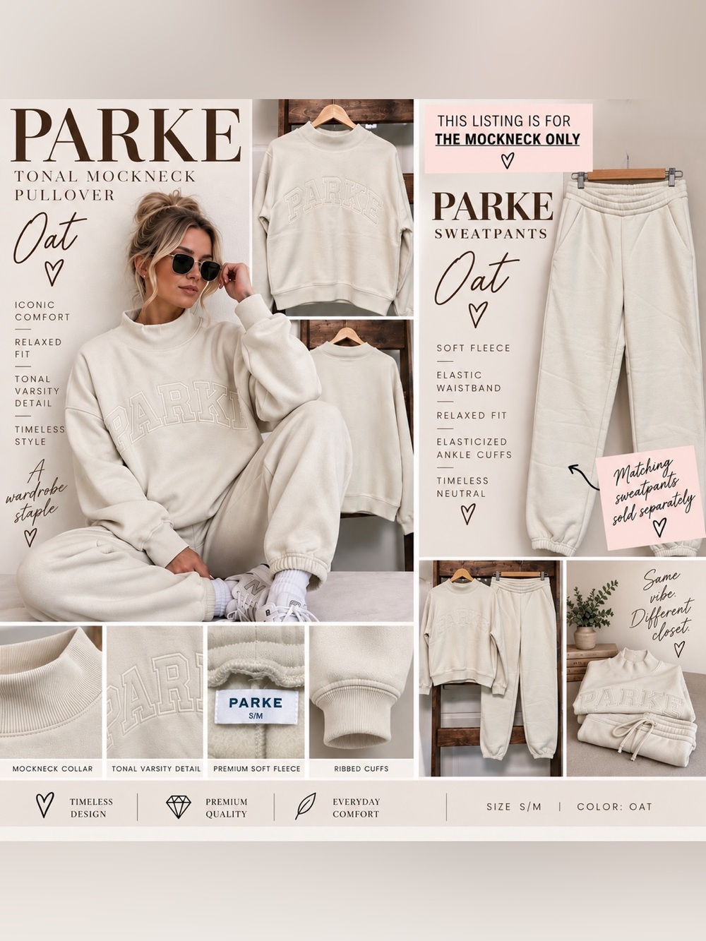 PARKE Tonal Varsity Fleece Mockneck Oat - S/M